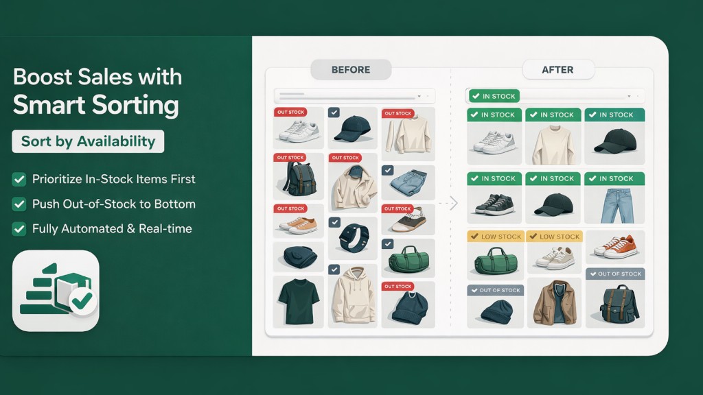 Smart Sorting app banner showing before and after product sorting by availability